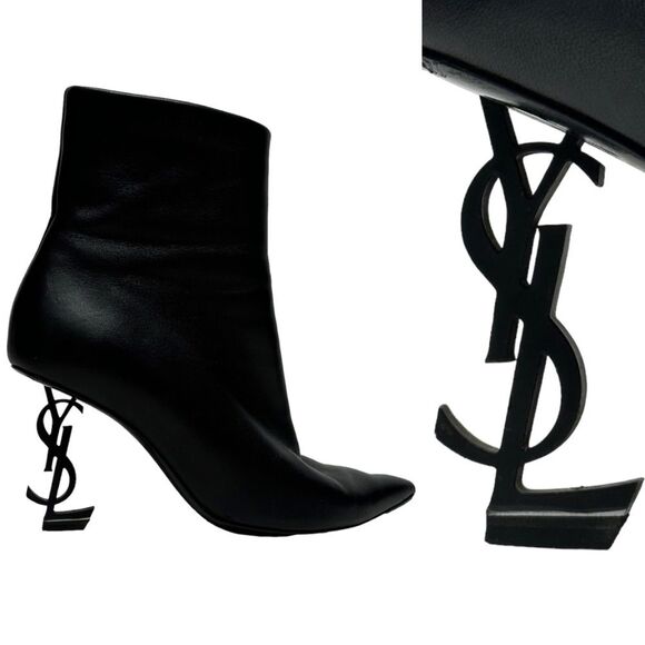 YSL Yves Saint Laurent OPYUM Logo Heel Boots Ankle Booties Black 36 5.5 6 - Picture 1 of 15
